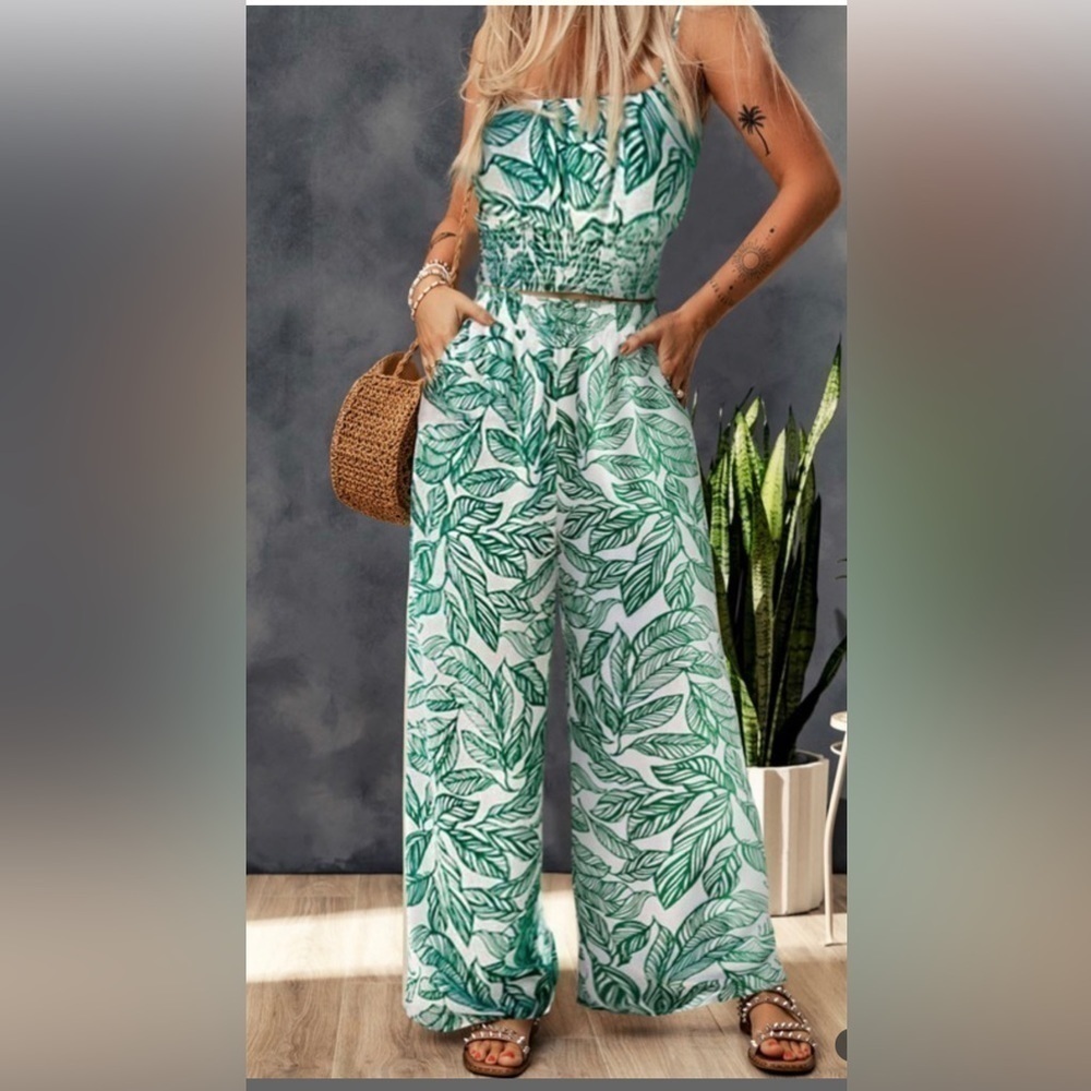 Boho Floral Green n White Pants & Top